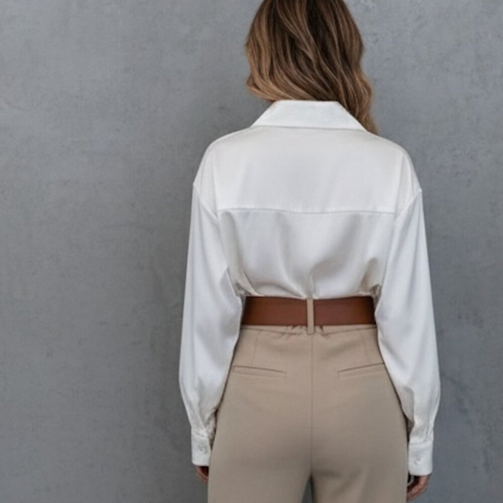 White Satin Solid Button Through Drop Shoulder Blouse - Picture 4 of 6